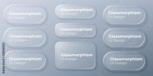 set of liquid glass morphism white elements in various shapes. Transparent glass panel, light frame, smartphone and web application banner with blur effect