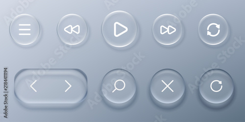 set of liquid glass morphism white elements in various shapes. Transparent glass panel, light frame, smartphone and web application banner with blur effect