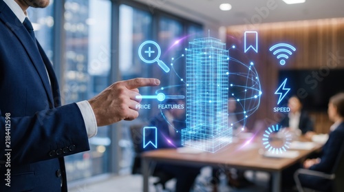 Businessman interacting with futuristic holographic interface displaying smart building data and icons, innovative technology concept for real estate and digital transformation trends