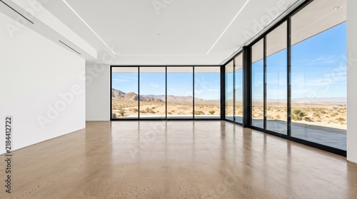 Empty minimalist room with polished concrete floor and floor to ceiling windows overlooking vast desert landscape with mountains under clear blue sky, modern architecture.