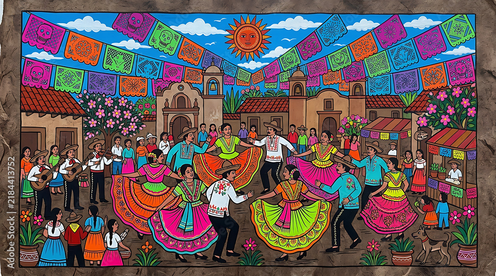 Naklejka premium Handmade paper folk art, fiesta dance, papel picado