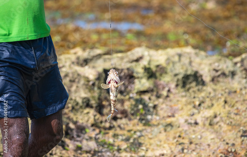 Foto A fisherman catches a spotted grouper catch from the ocean waves, fishing on a r