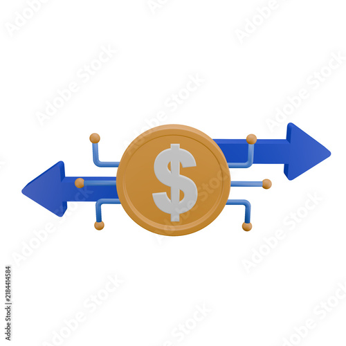 Quadro su tela Money Transfer with Dollar Coin and Bidirectional Arrows