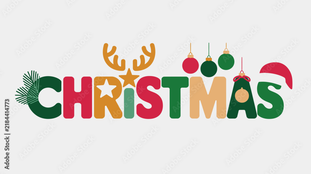Naklejka premium Creative christmas typography design with festive elements like reindeer antlers, ornaments, and a santa hat