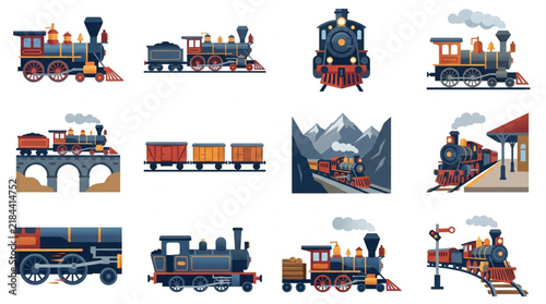 Industrial Vintage Steam Trains and Railway Scenes Collection with Colorful Illustrations of Locomotives and Scenic Backdrops