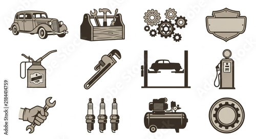 Industrial Vintage Style Monochrome Icons Set Featuring Classic Car Tools and Auto Repair Equipment in Black and White
