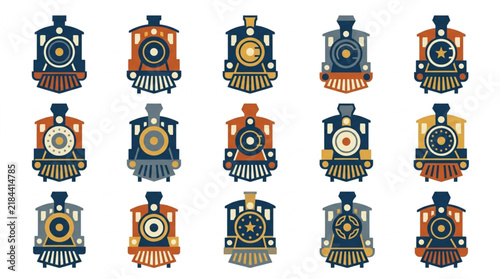 Industrial Vintage Style Steam Train Engine Icons Set with Colorful Wheels and Smokestacks in Flat Design
