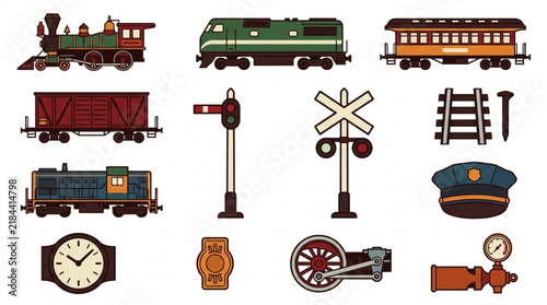 Industrial Vintage Train and Railway Equipment Set with Colorful Steam Locomotives Passenger Cars Freight Wagons Signals and Tools