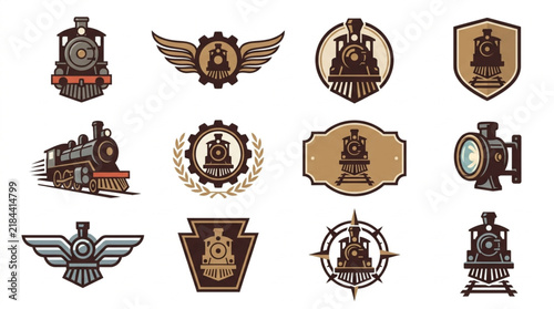 Industrial Vintage Train and Aviation Emblem Icons Set Retro Style Badges with Steam Locomotives Wings Gears and Shields in Earthy Brown and Gold