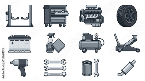Minimalist Black and White Line Drawing Set of Essential Car Repair Tools and Equipment Icons with high quality professional line art symbols for modern creative design and digital branding projects