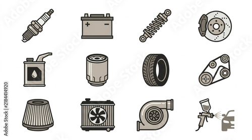 Minimalist Black and White Line Drawing Set of 12 Essential Car Maintenance and Repair Parts Icons