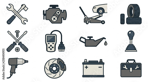 Minimalist Black and White Line Icons Set of Auto Repair Tools and Car Maintenance Equipment with high quality professional line art symbols for modern creative design and digital branding projects