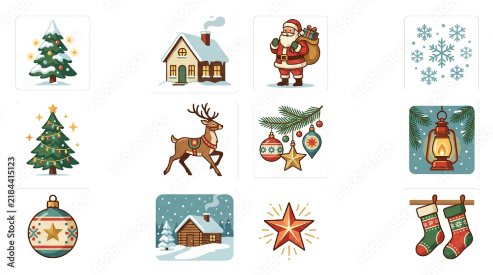 Fototapeta premium Minimalist Colorful Christmas Holiday Icons Set Festive Decorations Santa Snowflakes Ornaments and Winter Scenes