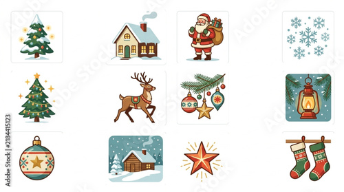 Minimalist Colorful Christmas Holiday Icons Set Festive Decorations Santa Snowflakes Ornaments and Winter Scenes