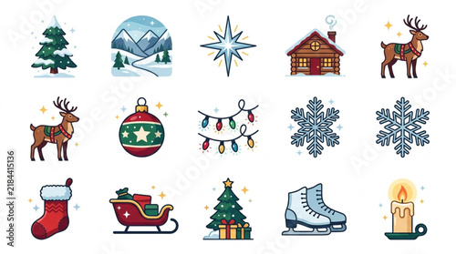 Minimalist Colorful Christmas Holiday Icons Set Festive Snowflakes Deer Cabin Sleigh Candle and Ornaments in Bright Illustrations