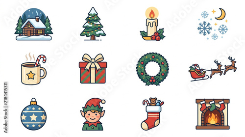 Minimalist Colorful Holiday Icons Set Featuring Festive Objects Like Snowy Cabin Christmas Tree Candle Snowflakes Hot Cocoa Gift Wreath Sleigh Elf Stocking Fireplace