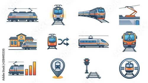 Minimalist Colorful Flat Style Icons Set Showcasing Various Trains Railway Stations and Transport Elements