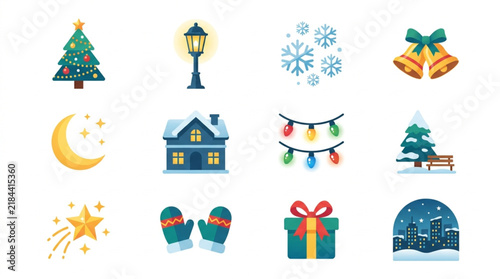 Minimalist Colorful Holiday Icons Set Festive Christmas Elements with Snowflakes Lights Gifts and Winter Scenes