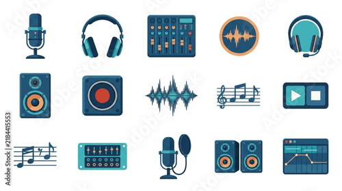 Minimalist Colorful Icons Set Featuring Audio Equipment Microphones Headphones Speakers and Music Elements