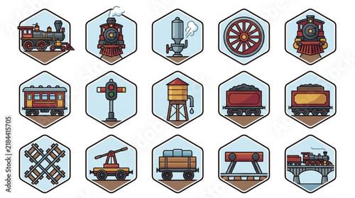 Minimalist Colorful Illustrated Icons Set of Vintage Train Themed Symbols Including Locomotives Railway Tracks Signals and Equipment