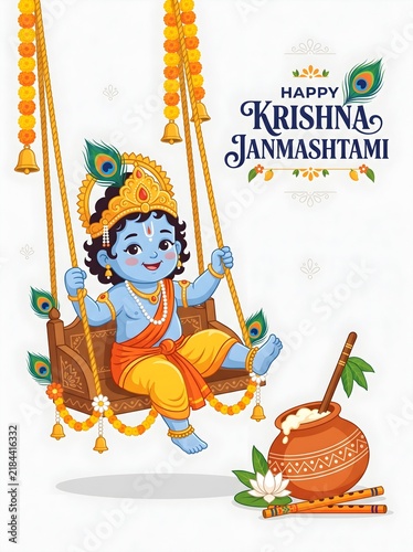 Happy Krishna Janmashtami greeting card, Lord Krishna on a floral swing, Hindu festival illustration with butter pot and flutes