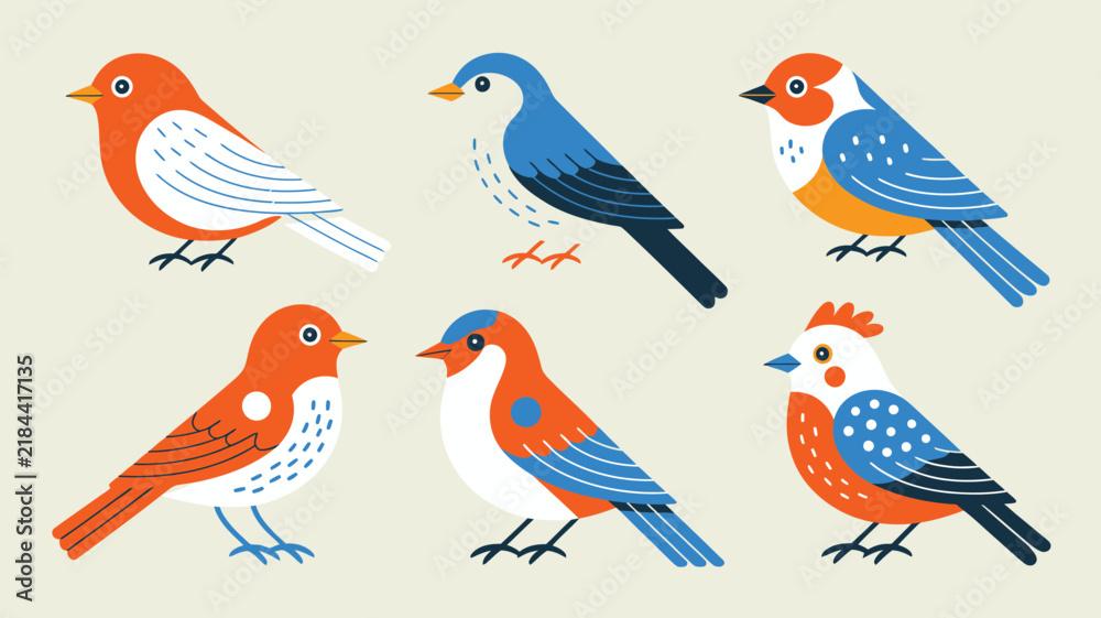 Obraz premium Set of colorful stylized birds in flat vector design, collection of cute small birds with various patterns and bright colors for graphic projects