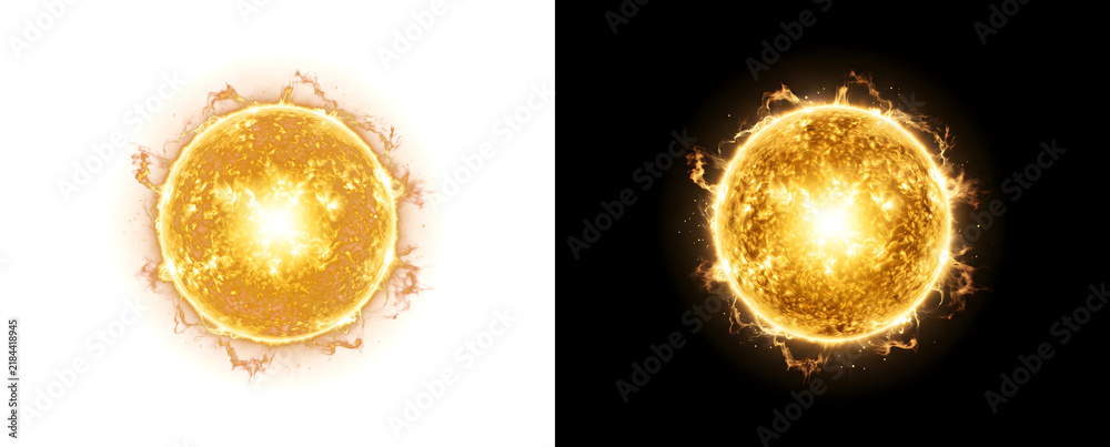 Fototapeta premium Burning sun sphere with radiating solar flare corona and blazing surface texture perfect for astronomy designs including PNG, Transparent and Black Background Versions