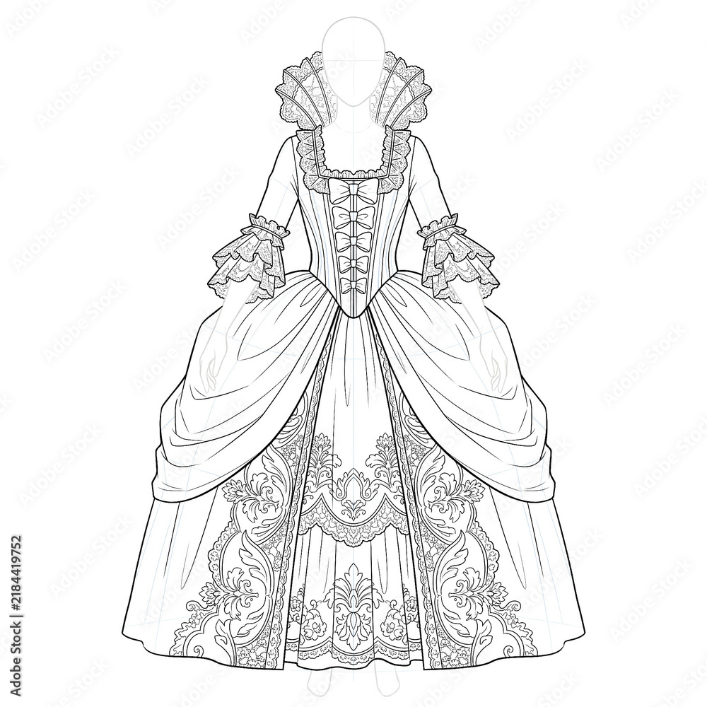Fototapeta premium Hand drawn sketch of Fontange era baroque dress. Front view.