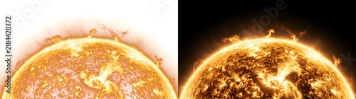Detailed sun surface with glowing solar flare plasma eruptions perfect for astronomy designs including PNG, Transparent and Black Background Versions
