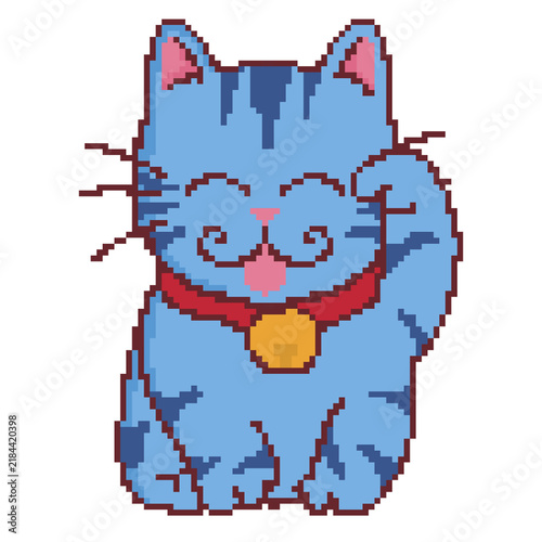 Blue lucky cat maneki neko fortune handdrawn pixel art