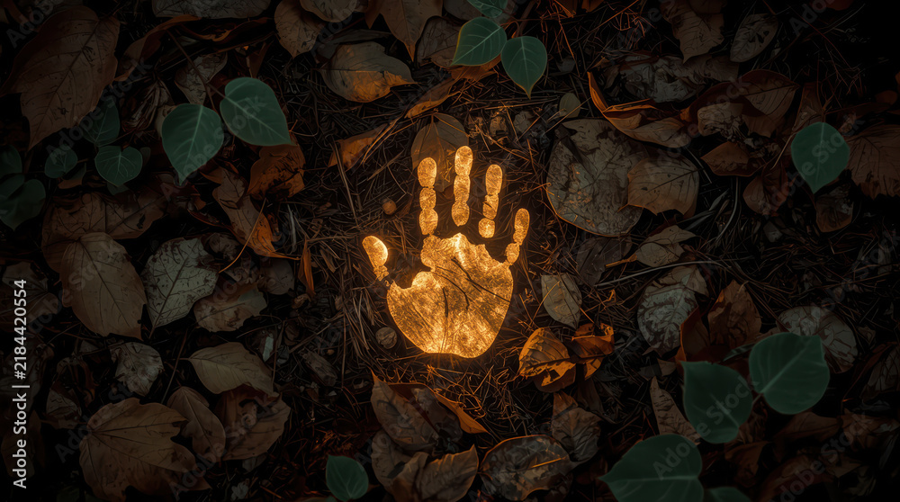 Obraz premium Glowing handprint among autumn leaves creates mysterious forest scene