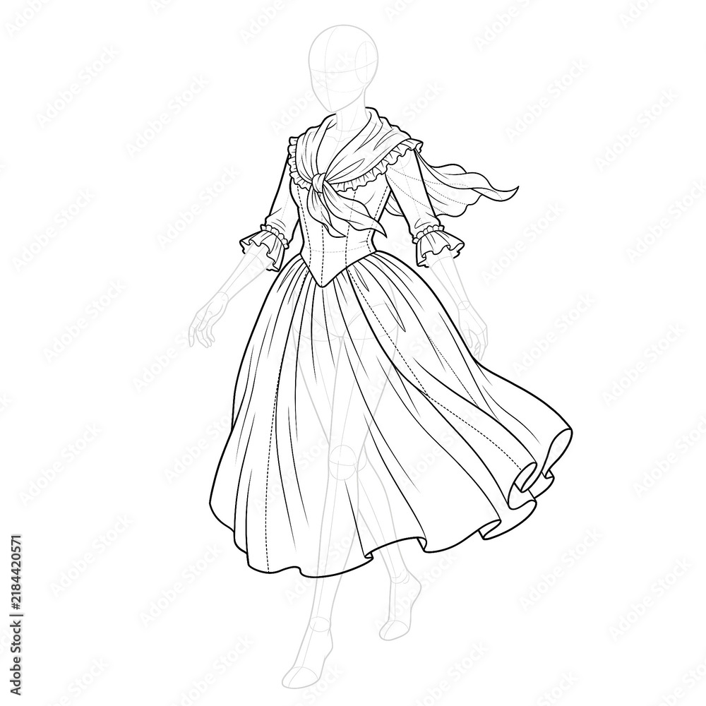 Fototapeta premium Action pose sketch of pastoral dress with fichu. Ink illustration.