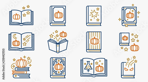 Set of twelve Halloween magic book line icons featuring pumpkins, stars, and alchemy symbols. Minimalist vector illustrations of spellbooks and grimoires in blue and orange.