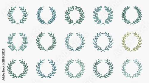 Collection of fifteen green and teal laurel wreath icons with varied leaf shapes and botanical branches, arranged in a symmetrical grid on a clean white background.