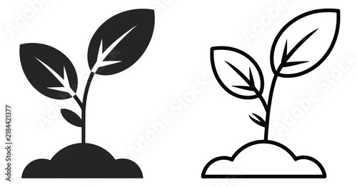 Plant, sprout icon with leaves and soil featuring outline and silhouette styles for growth, nature, gardening, ecology, and vector design.