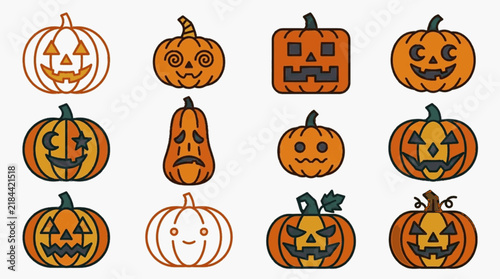 Set of twelve stylized Halloween jack-o'-lantern icons featuring various facial expressions, geometric pumpkin shapes, and line art styles on a white background for seasonal graphic design.