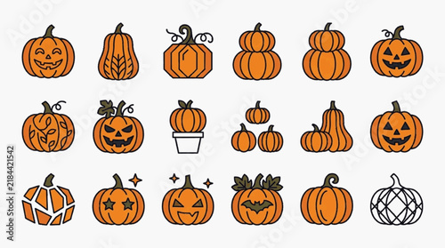 Set of eighteen flat vector pumpkin icons for Halloween and fall season, featuring jack-o'-lanterns with various facial expressions, geometric gourds, and decorative autumnal squash illustrations.