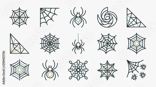 Vector set of 15 minimalist spider and spider web icons in linear style. Includes corner webs, hexagonal patterns, hanging spiders, and geometric arachnid designs for Halloween.