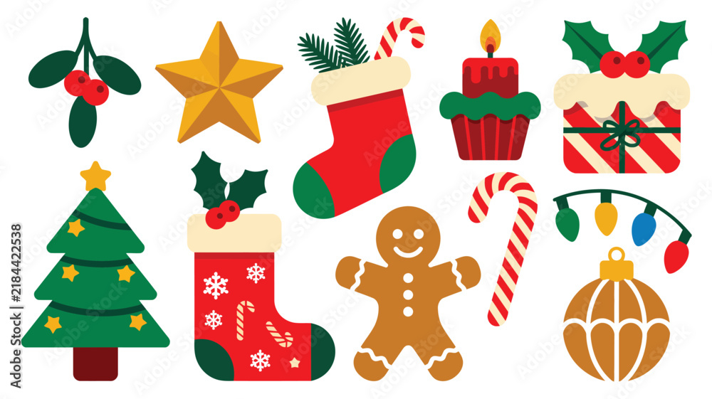 Fototapeta premium Set of cute cartoon christmas icons, vector illustration