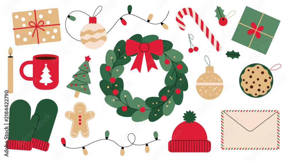 Fototapeta premium Christmas elements icons set, festive holiday vector symbols