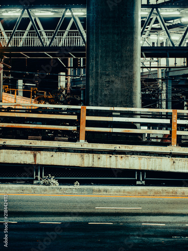 Konstfotografi Concrete Overpass Pillar and Guardrail Beneath Elevated Train Station at Night