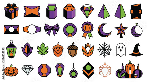 Halloween geometric icon set, spooky 32 vector elements collection, purple and orange autumn holiday symbols, modern flat graphic icons isolated PNG with Transparent Background Halloween