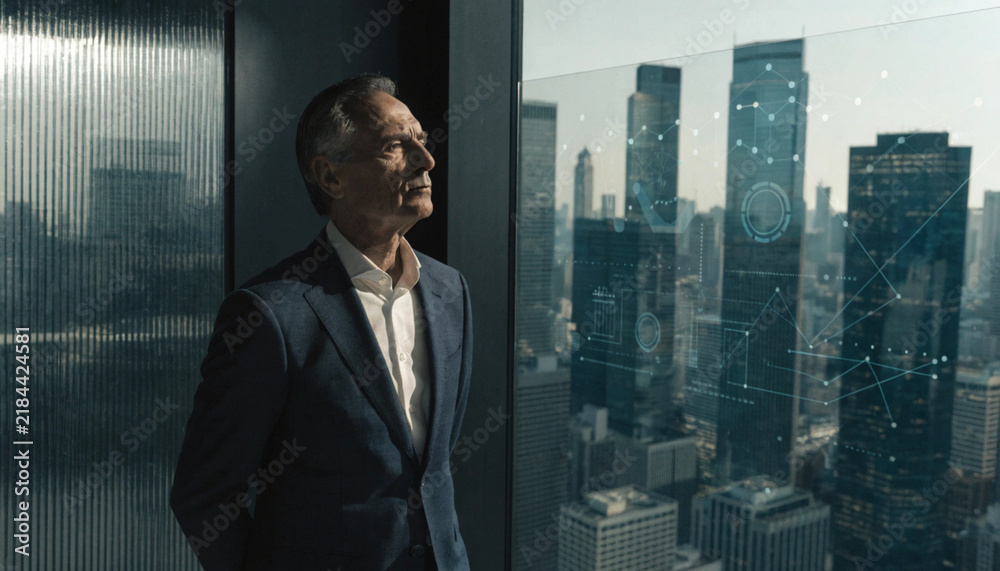 Fototapeta premium Senior businessman in suit standing by office window overlooking city skyline, digital data graphics overlay, thoughtful expression, modern corporate environment