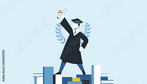 Proud university graduate silhouette in academic cap and gown holding diploma while standing on stack of books.
