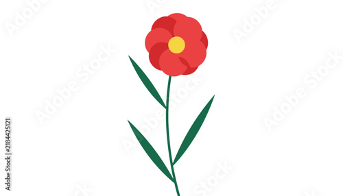Simple red flower with yellow center and green stem and leaves isolated on white background for garden concepts.