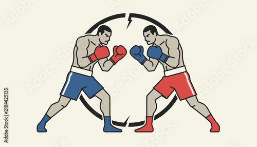 Two powerful boxers in red and blue trunks and gloves facing each other in boxing stance inside circle frame.