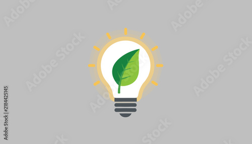Glowing light bulb icon with green leaf inside on grey background representing clean energy and eco-friendly ideas.