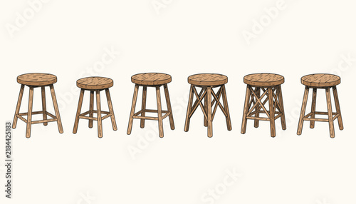 Set of six various wooden stools with different leg designs and natural wood textures shown in hand drawn style.