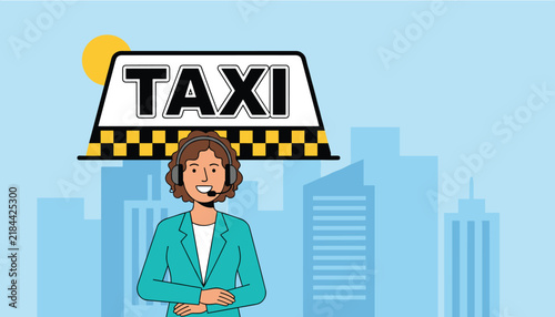 Professional female customer service agent with a headset standing in front of a taxi sign and a modern urban city skyline at sunset.