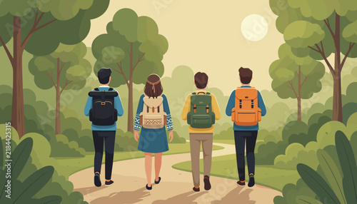 Group of friends wearing backpacks walking together on a winding trail through a lush green forest during a bright and sunny day.